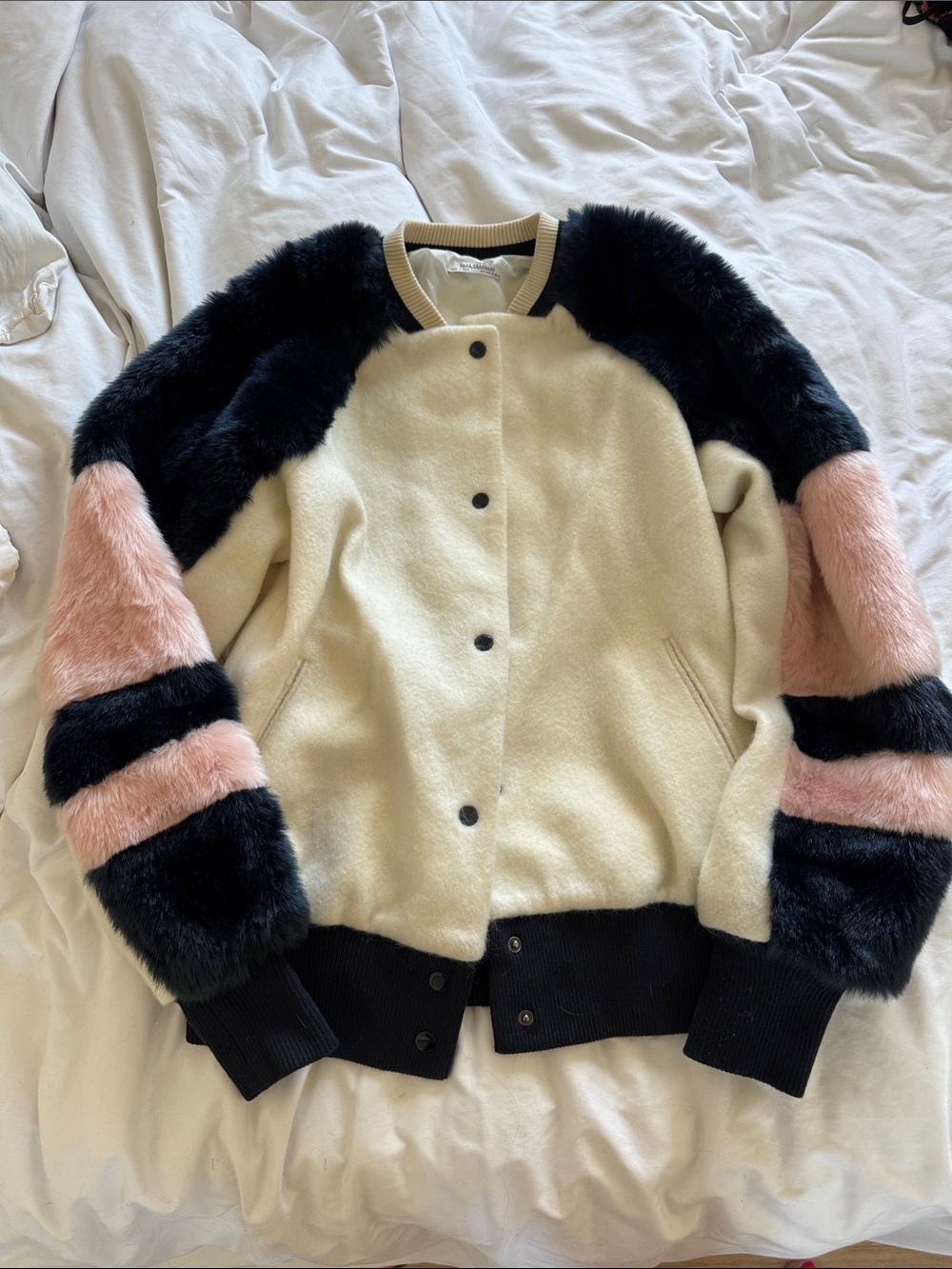 Zara Cream, Black & Pink Faux Fur Varsity Jacket